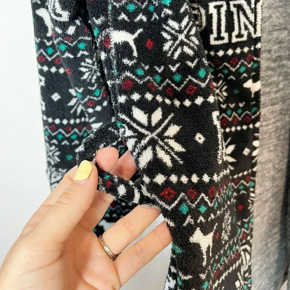 Victoria's Secret PINK Reversible Robe Black XS Hooded Plush Fair Isle‎ Fleece